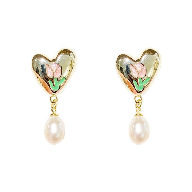 French Tulip Love-Heart Pearl Earrings