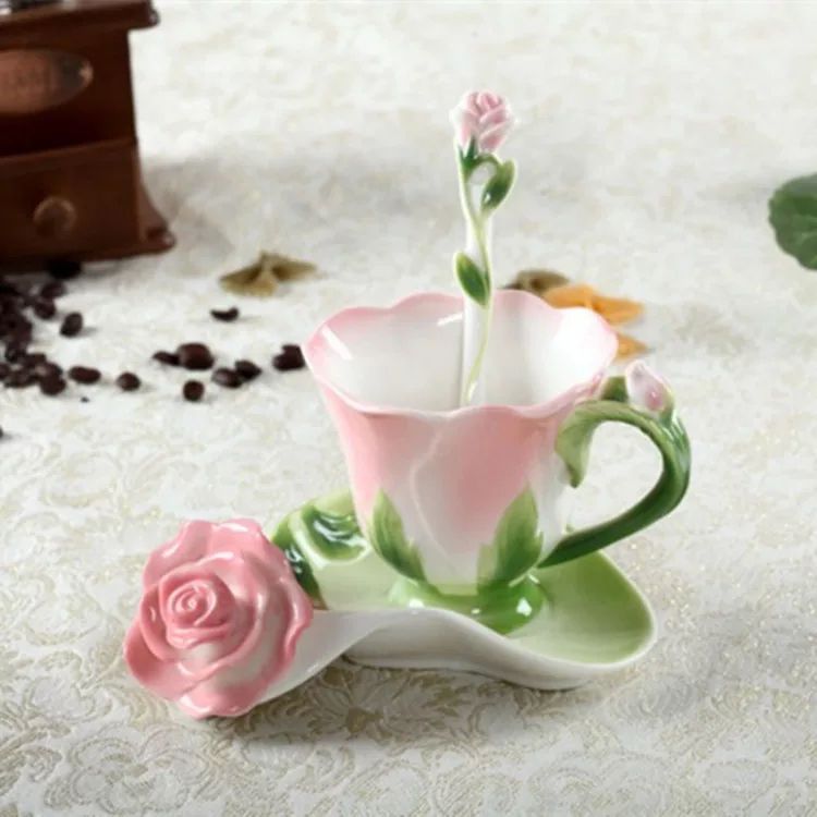 3D Rose Coffee Tea Cup and Saucer Spoon - Pink Pink
