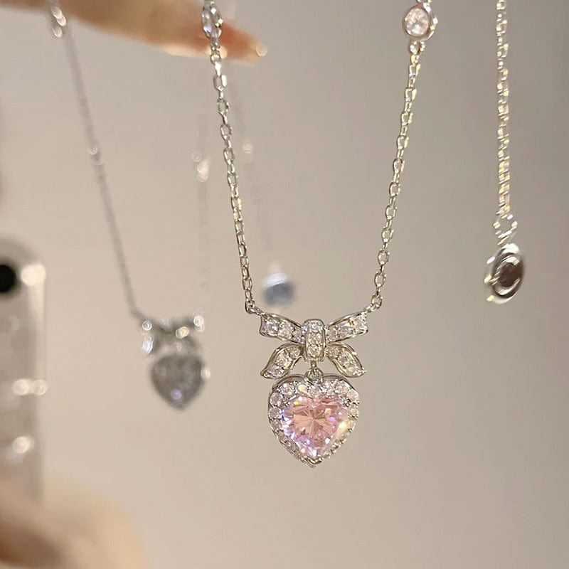 Pink Bowknot Heart Necklace W521
