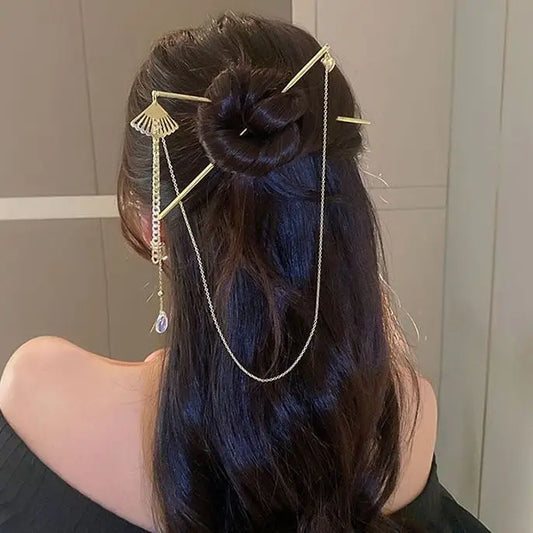 Double Fan-shaped Style Streamer Hairpin - Gold - HAIR 