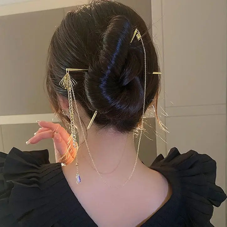 Double Fan-shaped Style Streamer Hairpin - Gold - HAIR 