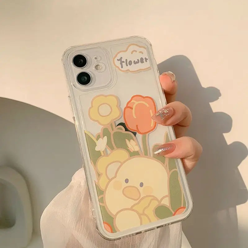 Duck & Flower Transparent Phone Case - iPhone 12 Pro Max / 12 Pro / 12 / 12 mini / 11 Pro Max / 11 Pro / 11 / SE / XS Max / XS / XR / X / SE 2 / 8 / 8 Plus / 7 / 7 Plus-1