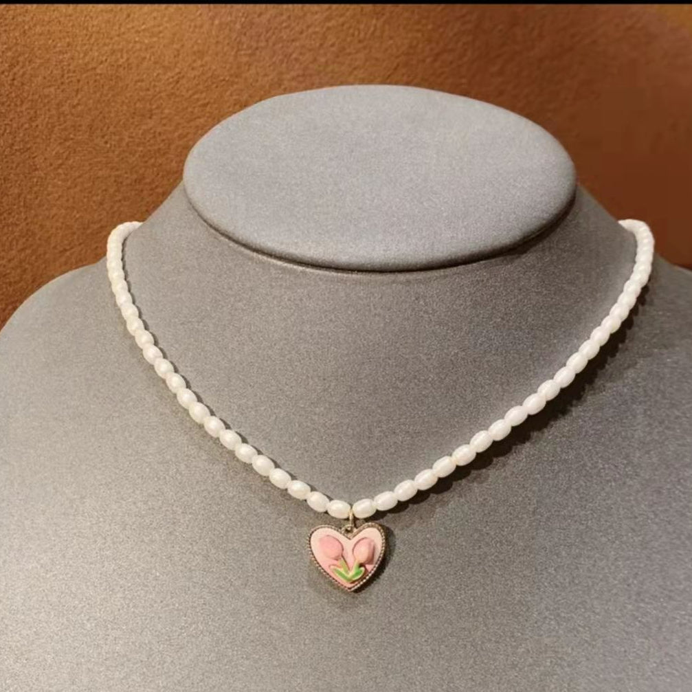 Pearl tulip heart temperament clavicle chain earrings