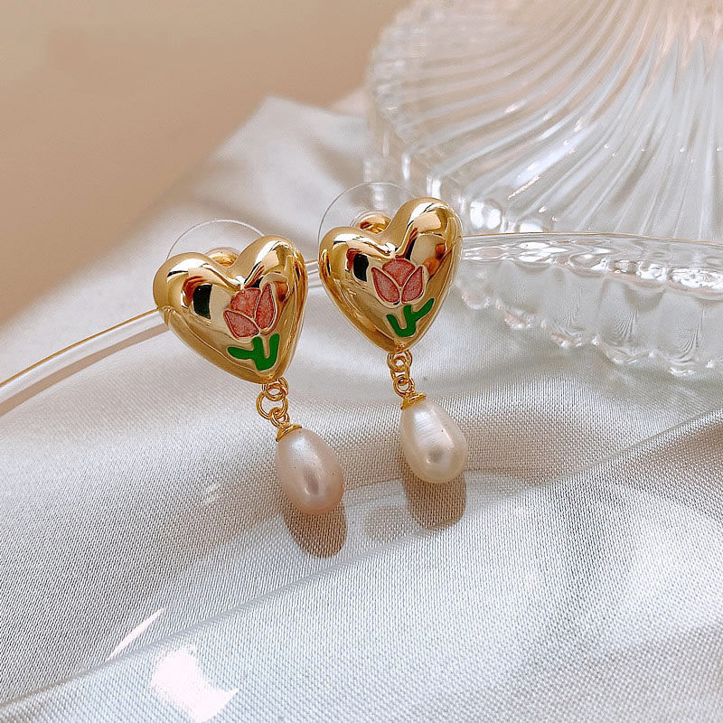 French Tulip Love-Heart Pearl Earrings