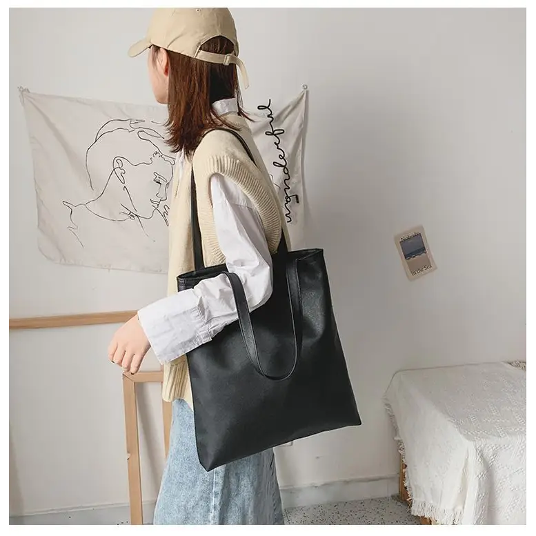 Faux Leather Tote Bag Cg344 - Black / One Size - Shopper 