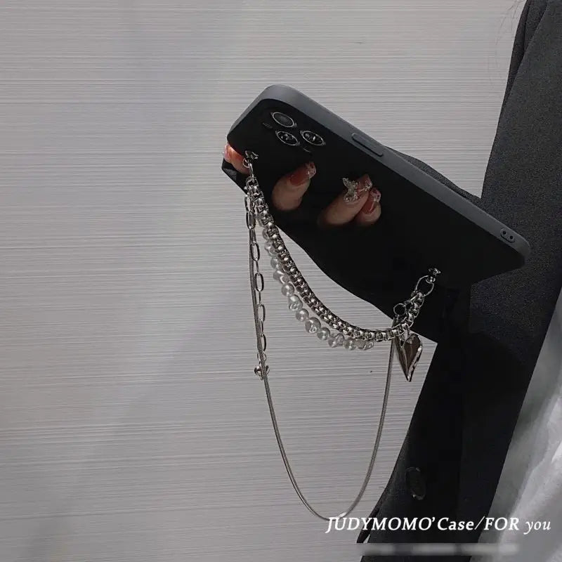 Faux Pearl Alloy Chained Phone Case - iPhone 12 Pro Max / 12