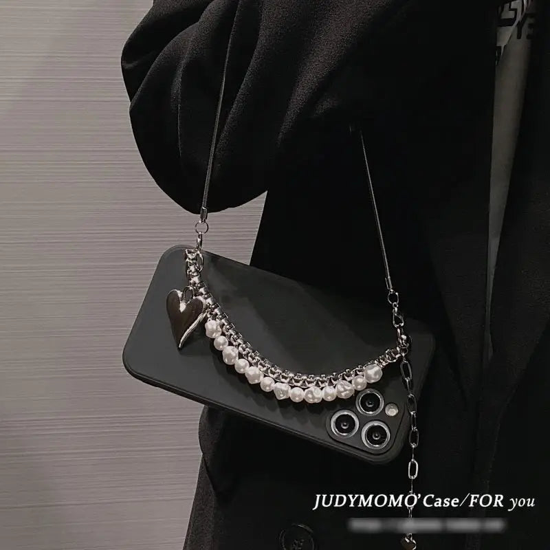 Faux Pearl Alloy Chained Phone Case - iPhone 12 Pro Max / 12