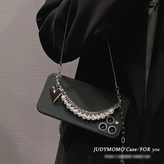 Faux Pearl Alloy Chained Phone Case - iPhone 12 Pro Max / 12