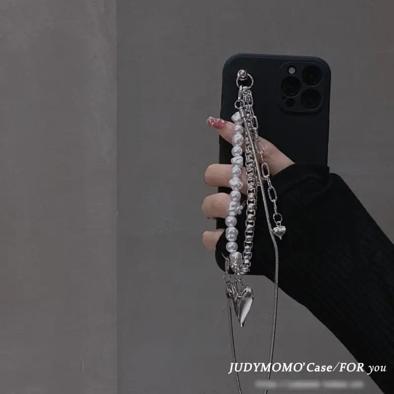 Faux Pearl Alloy Chained Phone Case - iPhone 12 Pro Max / 12