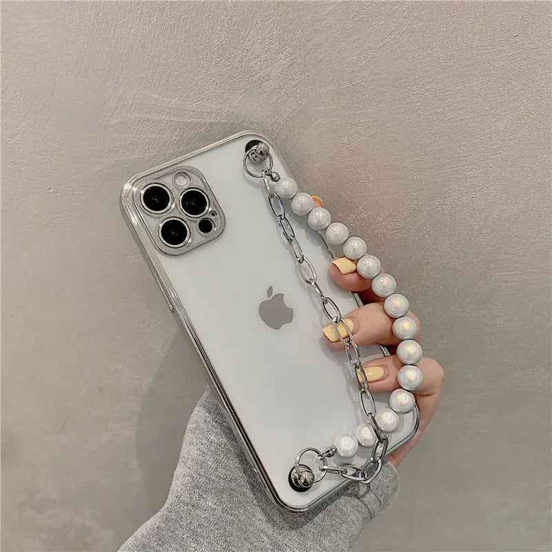 Faux Pearl Chain Transparent Phone Case - iPhone 13 Pro Max 