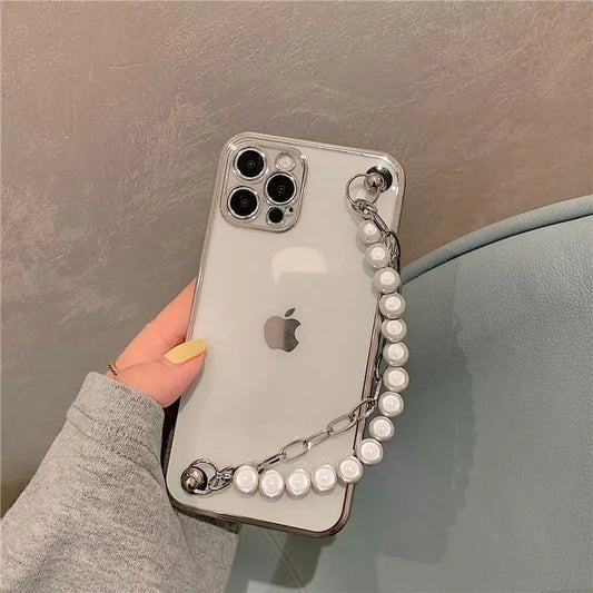 Faux Pearl Chain Transparent Phone Case - iPhone 13 Pro Max 