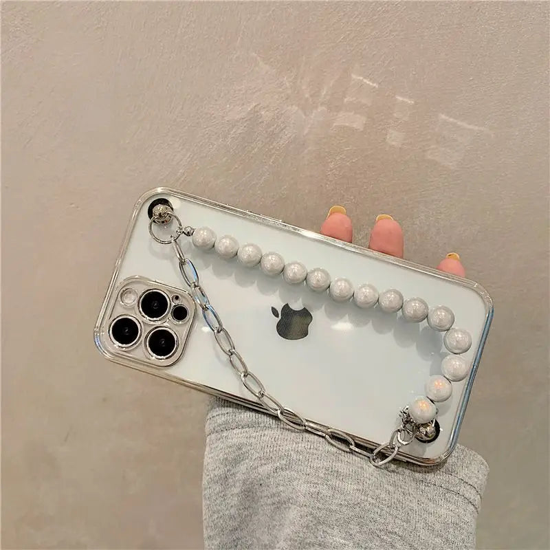 Faux Pearl Chain Transparent Phone Case - iPhone 13 Pro Max 