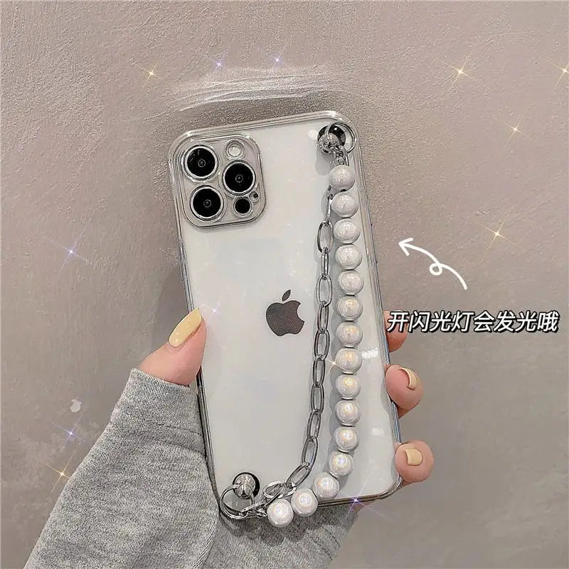 Faux Pearl Chain Transparent Phone Case - iPhone 13 Pro Max 