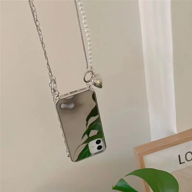Faux Pearl Crossbody Chain Mirrored Phone Case - iPhone 13 
