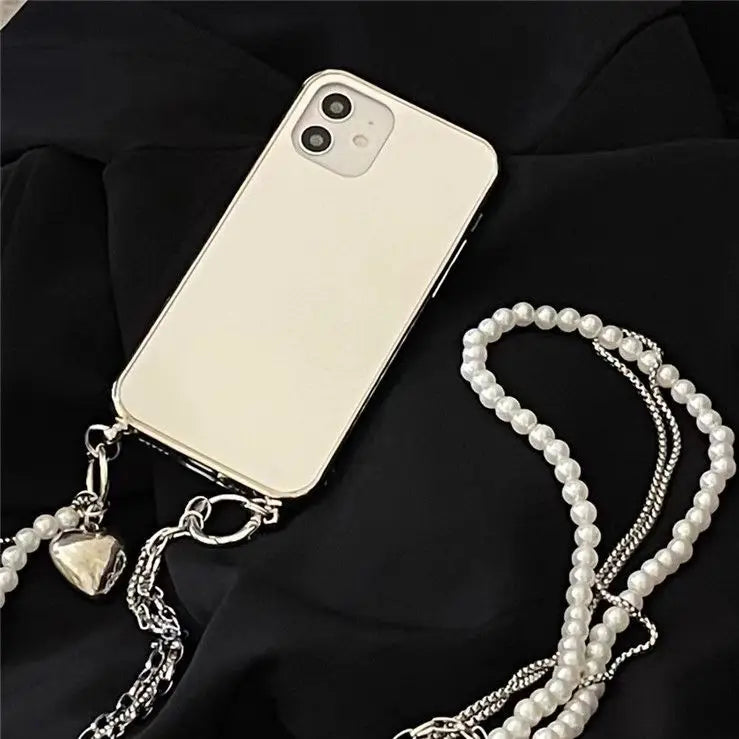 Faux Pearl Crossbody Chain Mirrored Phone Case - iPhone 13 
