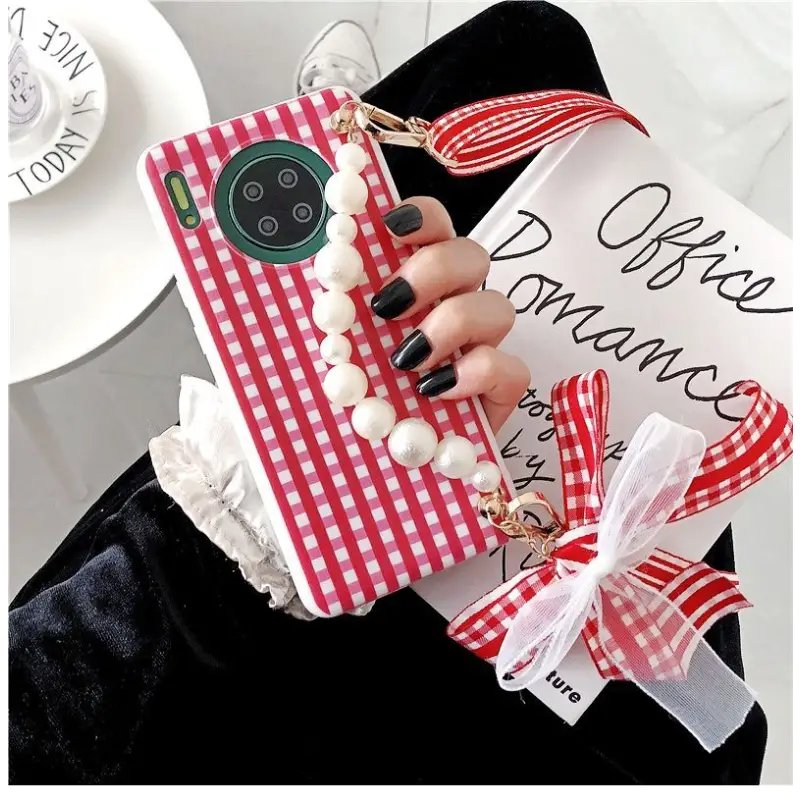Faux Pearl Hand Strap Plaid Phone Case - Samsung-11