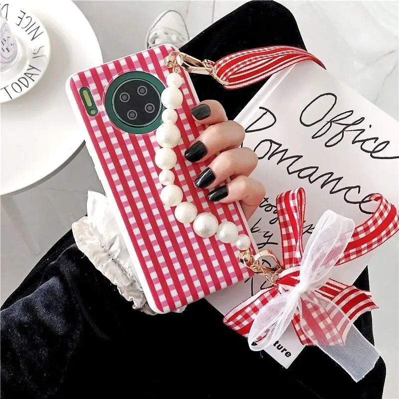 Faux Pearl Hand Strap Plaid Phone Case - Samsung-1