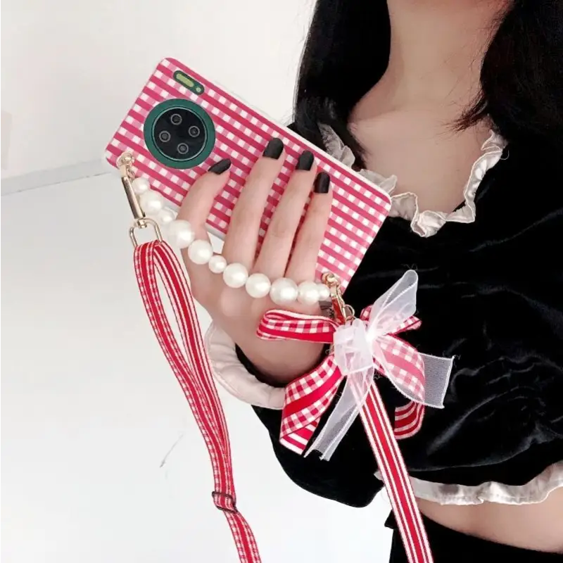 Faux Pearl Hand Strap Plaid Phone Case - Samsung-3