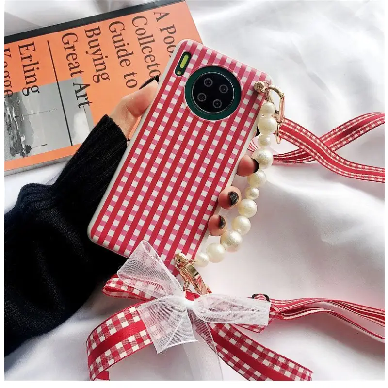 Faux Pearl Hand Strap Plaid Phone Case - Samsung-10