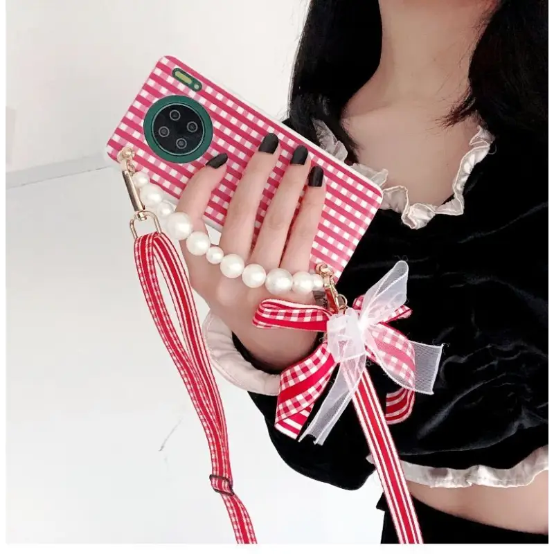 Faux Pearl Hand Strap Plaid Phone Case - Samsung-9