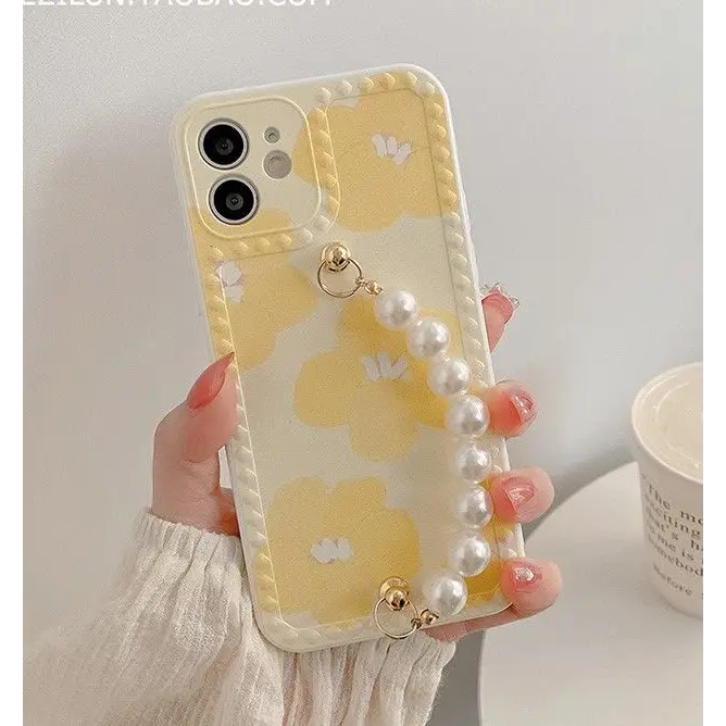 Floral Print Faux Pearl Chain Phone Case - iPhone 12 Pro Max