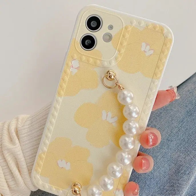 Floral Print Faux Pearl Chain Phone Case - iPhone 12 Pro Max