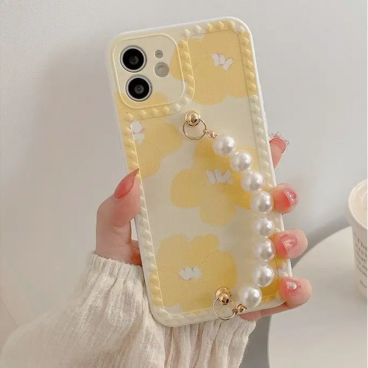 Floral Print Faux Pearl Chain Phone Case - iPhone 12 Pro Max