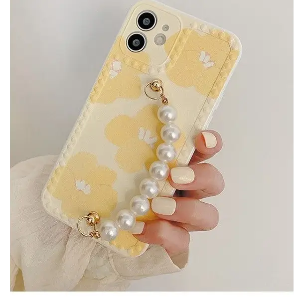 Floral Print Faux Pearl Chain Phone Case - iPhone 12 Pro Max