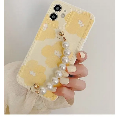 Floral Print Faux Pearl Chain Phone Case - iPhone 12 Pro Max