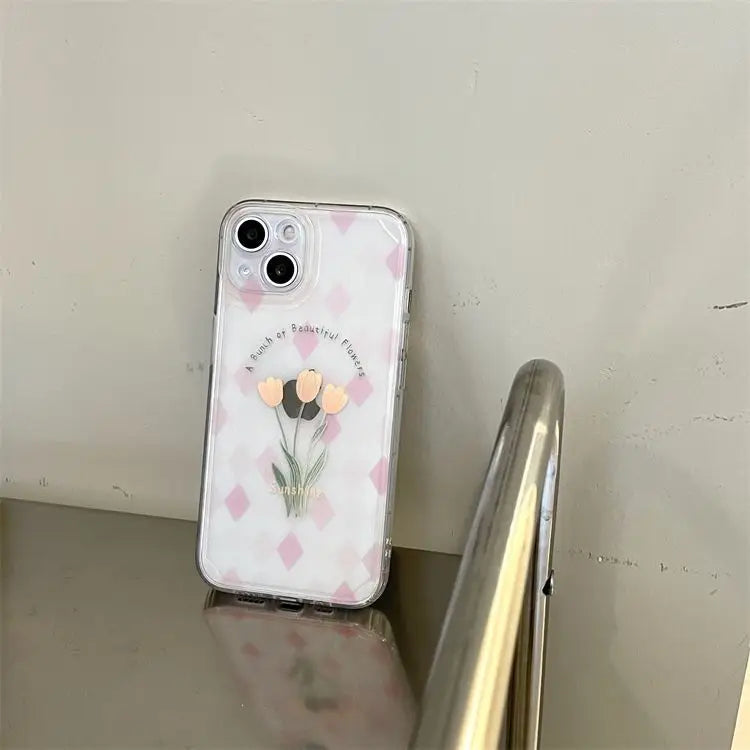 Flower Argyle Transparent Phone Case - iPhone 13 Pro Max / 13 Pro / 13 / 13 mini / 12 Pro Max / 12 Pro / 12 / 12 mini / 11 Pro Max / 11 Pro / 11 / SE / XS Max / XS / XR / X / SE 2 / 8 / 8 Plus / 7 / 7 Plus-6