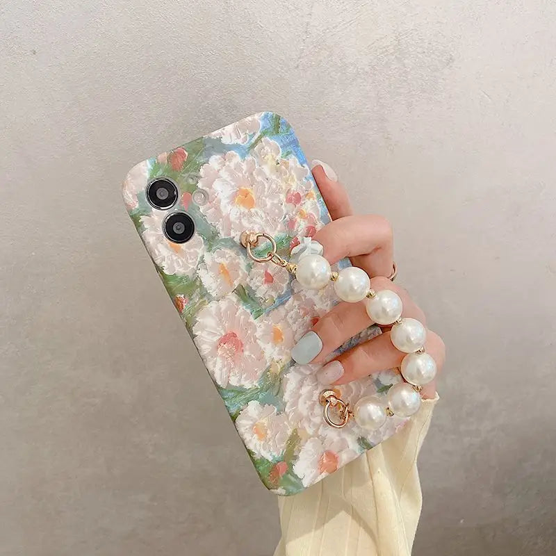 Flower Faux Pearl Chain Phone Case - iPhone 12 Pro Max / 12 