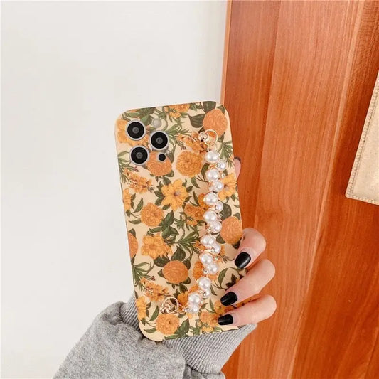 Flower Faux Pearl Hand Strap Phone Case - iPhone 13 Pro Max / 13 Pro / 13 / 12 Pro Max / 12 Pro / 12 / 12 Mini / 11 Pro Max / 11 Pro / 11 / XS Max / XR / XS / X / 8 Plus / 7 Plus / 8 / 7 / SE 2-2