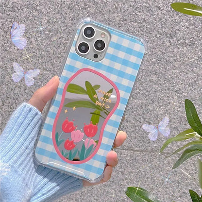 Flower Plaid Mirrored Phone Case - iPhone 13 Pro Max / 13 Pro / 13 / 12 Pro Max / 12 Pro / 12 / 11 Pro Max / 11 / XS Max / XR / XS / X-11