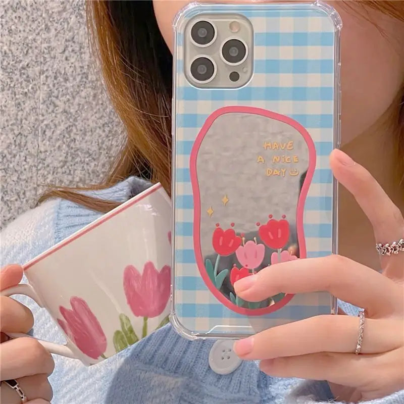 Flower Plaid Mirrored Phone Case - iPhone 13 Pro Max / 13 Pro / 13 / 12 Pro Max / 12 Pro / 12 / 11 Pro Max / 11 / XS Max / XR / XS / X-2