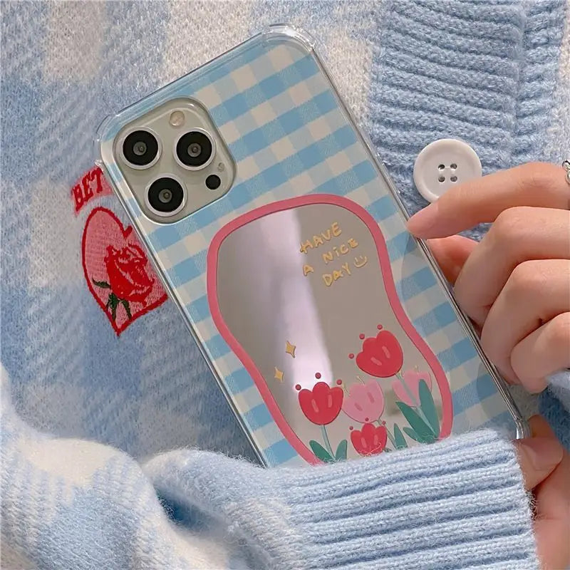 Flower Plaid Mirrored Phone Case - iPhone 13 Pro Max / 13 Pro / 13 / 12 Pro Max / 12 Pro / 12 / 11 Pro Max / 11 / XS Max / XR / XS / X-4