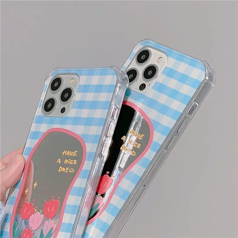 Flower Plaid Mirrored Phone Case - iPhone 13 Pro Max / 13 Pro / 13 / 12 Pro Max / 12 Pro / 12 / 11 Pro Max / 11 / XS Max / XR / XS / X-7