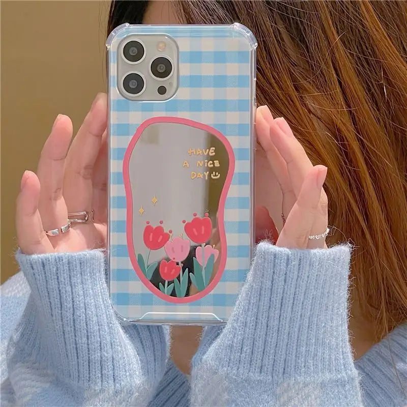 Flower Plaid Mirrored Phone Case - iPhone 13 Pro Max / 13 Pro / 13 / 12 Pro Max / 12 Pro / 12 / 11 Pro Max / 11 / XS Max / XR / XS / X-3