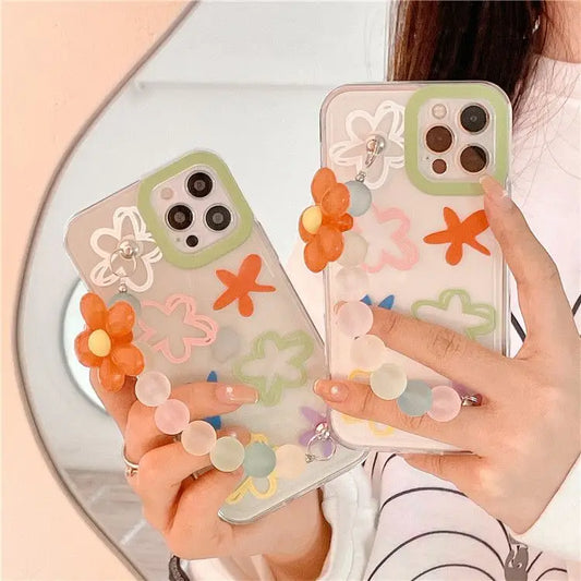 Flower Print Chain Hand Strap Phone Case - iPhone 13 Pro Max / 13 Pro / 13 / 12 Pro Max / 12 Pro / 12 / 11 Pro Max / 11 Pro / 11 / XS Max / XR / XS / X / 8 Plus / 7 Plus / 8 / 7 / SE 2-2