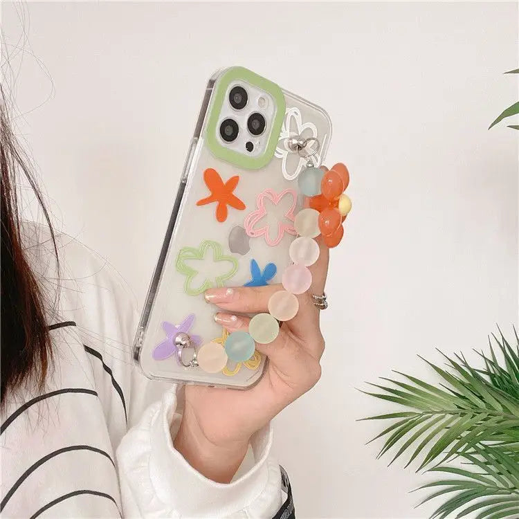 Flower Print Chain Hand Strap Phone Case - iPhone 13 Pro Max / 13 Pro / 13 / 12 Pro Max / 12 Pro / 12 / 11 Pro Max / 11 Pro / 11 / XS Max / XR / XS / X / 8 Plus / 7 Plus / 8 / 7 / SE 2-4