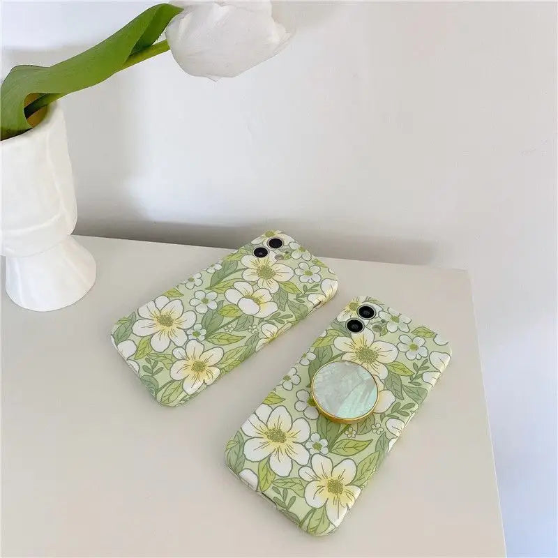 Flower Print Stand Phone Case - iPhone 12 Pro Max / 12 Pro / 12 / 11 Pro Max / 11 Pro / 11 / Xs Max / Xr / Xs / X / 8 Plus / 7 Plus / 8 / 7-7