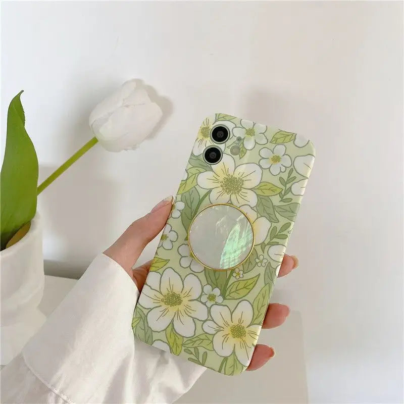 Flower Print Stand Phone Case - iPhone 12 Pro Max / 12 Pro / 12 / 11 Pro Max / 11 Pro / 11 / Xs Max / Xr / Xs / X / 8 Plus / 7 Plus / 8 / 7-8