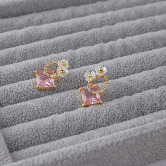 Flower Shell Rhinestone Alloy Earring TY68 - Gold & Pink / 