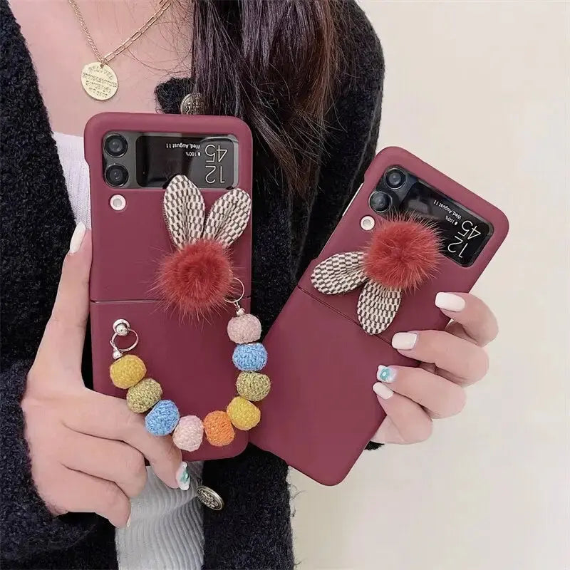 Fluffy Rabbit Ears Chain Phone Case For Samsung Galaxy Z 