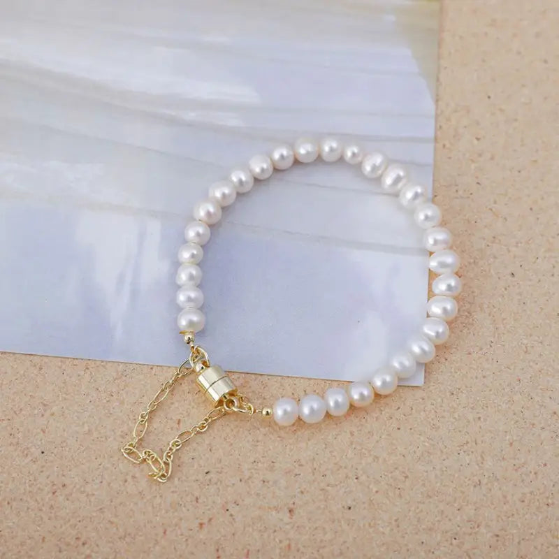 Freshwater Pearl Alloy Bracelet TY64 - White & Gold / One 