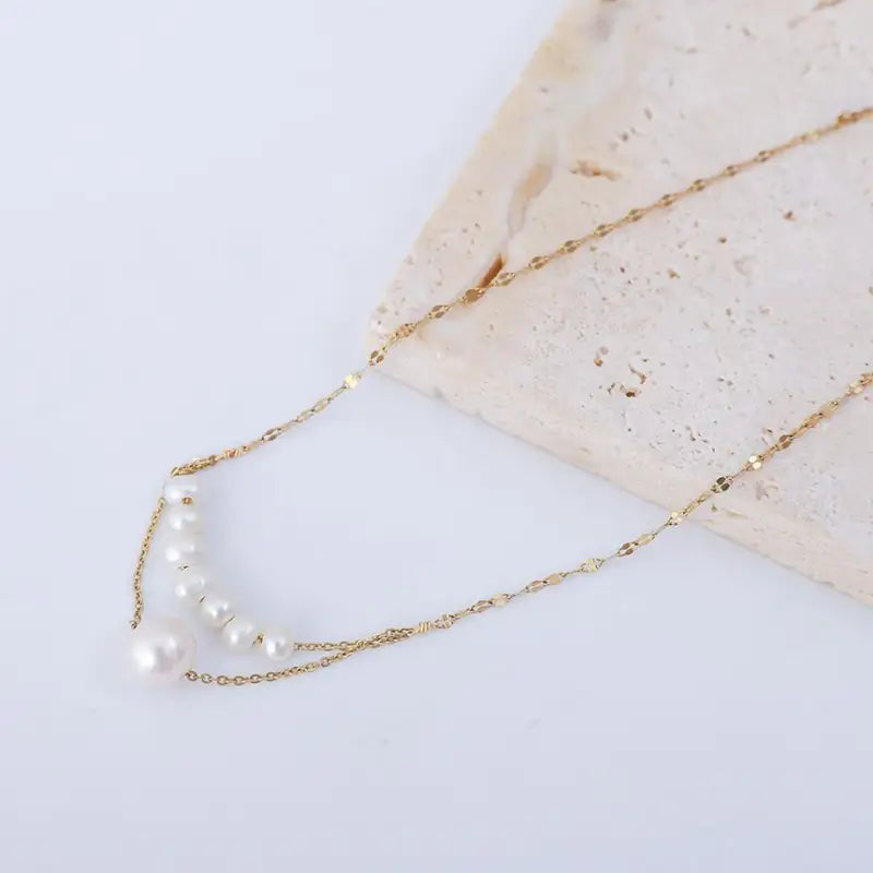 Freshwater Pearl Pendant Alloy Necklace TY87 - White & Gold 