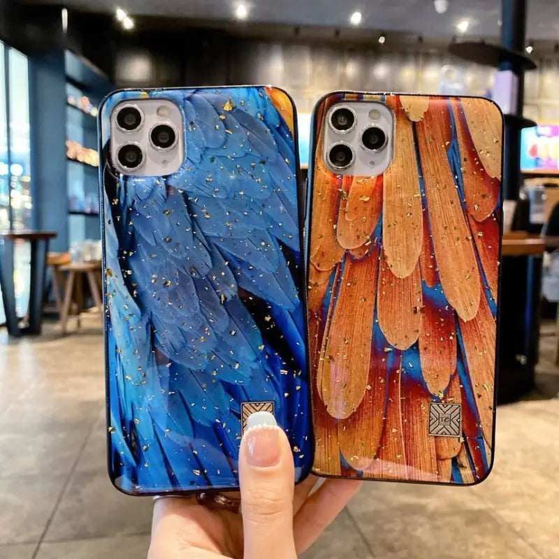 Glitter Feather Print Phone Case - iPhone 13 Pro Max / 13 Pro / 13 / 12 Pro Max / 12 Pro / 12 Mini / 12 / 11 Pro Max / 11 Pro / 11 / XS Max / XR / XS / X / 8 Plus / 7 Plus / 8 / 7-30