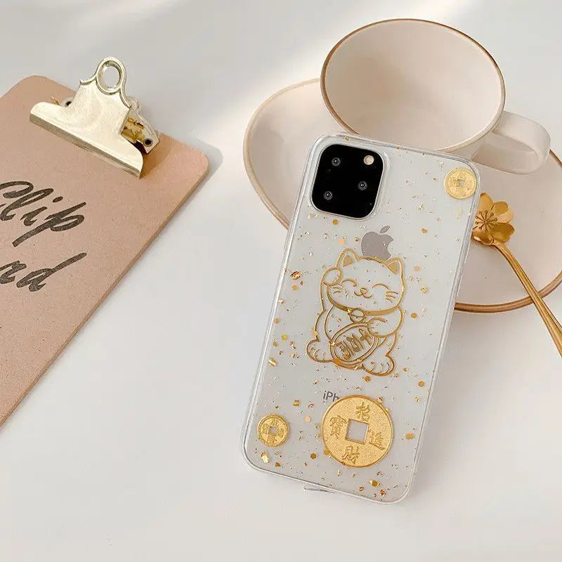 Gold Fortune Cat Print Clear Phone Case - iPhone 12 Mini / 