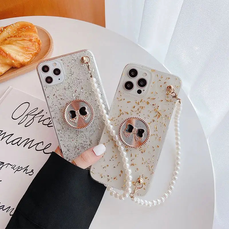 Gold Leaf Faux Pearl Chain Phone Case - iPhone 12 Pro Max / 