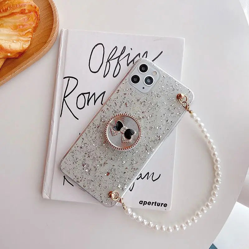 Gold Leaf Faux Pearl Chain Phone Case - iPhone 12 Pro Max / 
