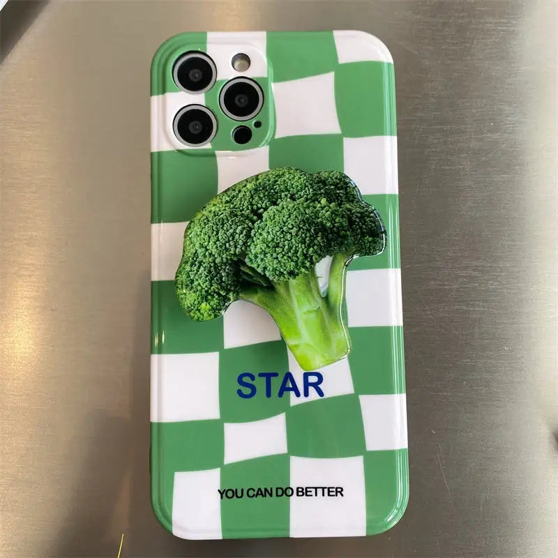 Green Grid Printing With Broccoli Holder iPhone Case BP305 -